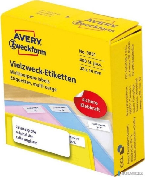 Białe minietykiety w dyspenserach do opisywania ręcznego, 400 etyk./op., 38 x 14 mm, białe, AVERY ZWECKFORM, 3831 Białe minietykiety w dyspenserach do opisywania ręcznego, 400 etyk./op., 38 x 14 mm, białe, AVERY ZWECKFORM, 3831