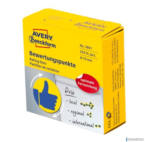 Kółka z symbolami Kciuk 3861 Q19 mm w rolce do zaznaczania, trwałe, 250 szt./rolka, żółto-niebiskie, Avery Zweckform (X) Kółka z symbolami Kciuk 3861 Q19 mm w rolce do zaznaczania, trwałe, 250 szt./rolka, żółto-niebiskie, Avery Zweckform (X)
