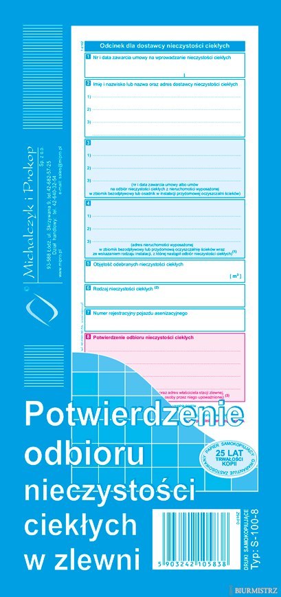 S-100-8 Potwierdzenie odbioru nieczystości ciekłych w zlewni MICHALCZYK I PROKOP S-100-8 Potwierdzenie odbioru nieczystości ciekłych w zlewni MICHALCZYK I PROKOP