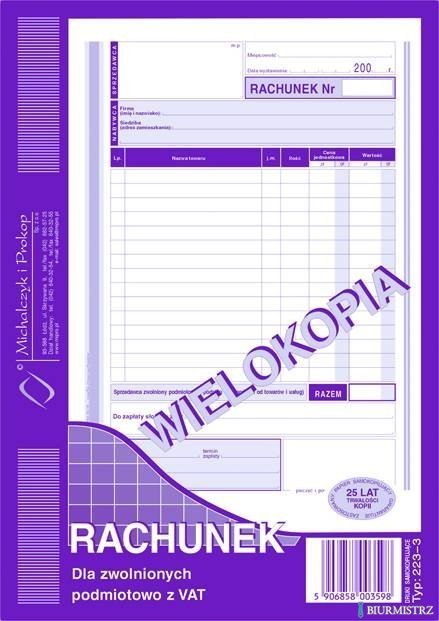 223-3 Rachunek A5 dla zw.z VAT (pion) wielokopia MICHALCZYK i PROKOP 223-3 Rachunek A5 dla zw.z VAT (pion) wielokopia MICHALCZYK i PROKOP