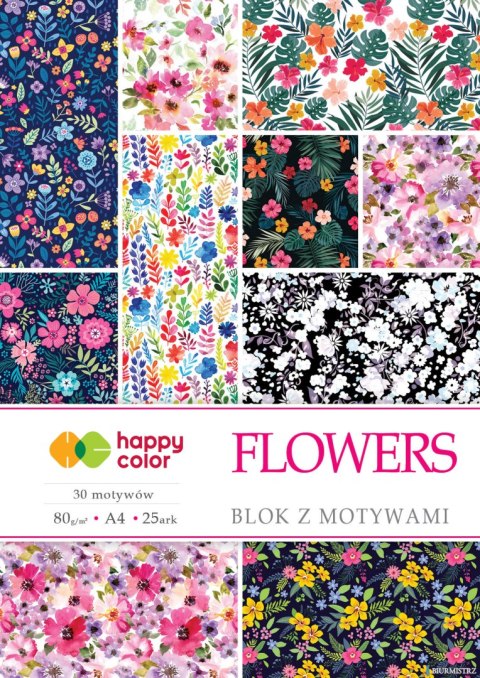 Blok z motywami FLOWERS, 80g/m2, A4, 15 ark, 25 motyw, Happy Color HA 3808 2030-F Blok z motywami FLOWERS, 80g/m2, A4, 15 ark, 25 motyw, Happy Color HA 3808 2030-F