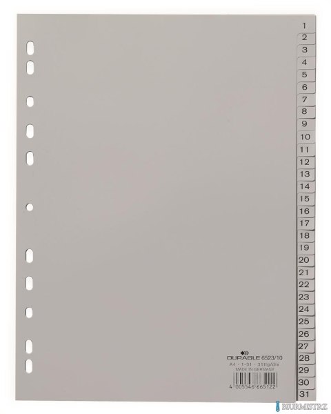 Przekładki PP A4 szare, nadrukowane indeksy, 1-31 Szary 652310 DURABLE Przekładki PP A4 szare, nadrukowane indeksy, 1-31 Szary 652310 DURABLE