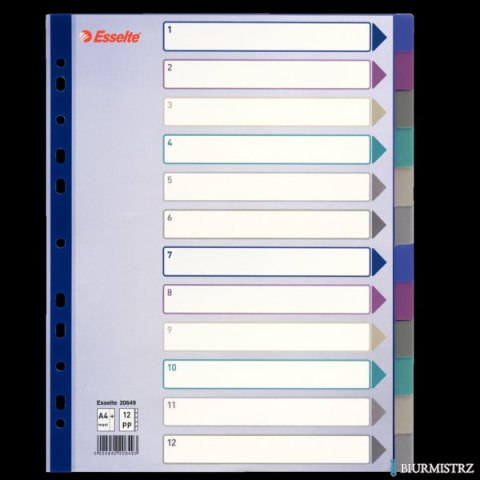 Przekładki plastikowe Multicolor PP, A4 Maxi - 12 kart Esselte, 20649 Przekładki plastikowe Multicolor PP, A4 Maxi - 12 kart Esselte, 20649