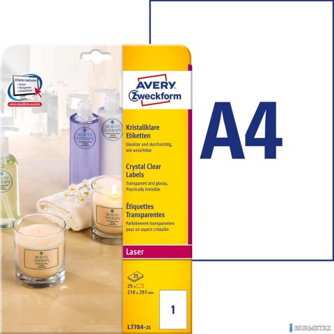 Etykiety Crystal Clear L7784-25 210 x 297 25ark przezroczyste, Avery Zweckform Etykiety Crystal Clear L7784-25 210 x 297 25ark przezroczyste, Avery Zweckform
