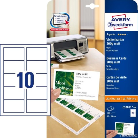 Wizytówki Quick&Clean C32011-25 85 x 54 25ark 250 szt., 200 g, matowe, białe, Avery Zweckform (X) Wizytówki Quick&Clean C32011-25 85 x 54 25ark 250 szt., 200 g, matowe, białe, Avery Zweckform (X)