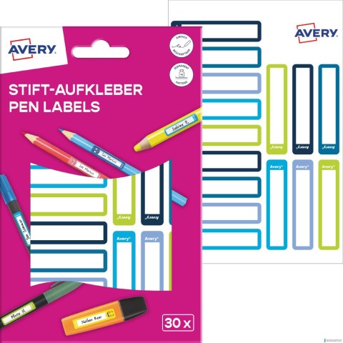 Naklejki na przybory do pisania; 50 x 10 mm , 30 naklejek.; zielone / niebieskie ramki, AVERY RESMI30G Naklejki na przybory do pisania; 50 x 10 mm , 30 naklejek.; zielone / niebieskie ramki, AVERY RESMI30G