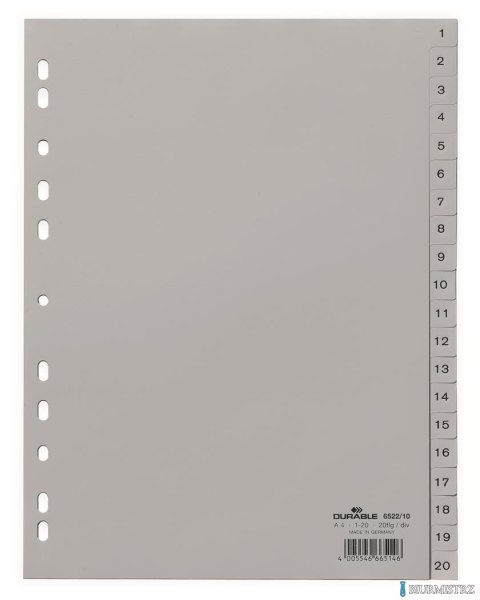 Przekładki PP A4 szare, nadr. indeks, 1-20, 2 0 części Szary 652210 DURABLE Przekładki PP A4 szare, nadr. indeks, 1-20, 2 0 części Szary 652210 DURABLE