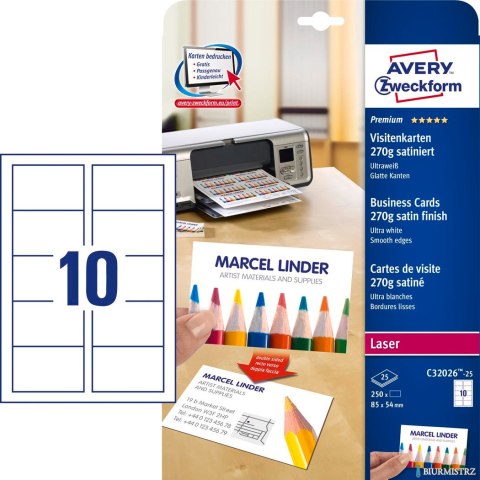 Wizytówki Quick&Clean C32026-25 85x54 mm 25 ark. 250 szt., 270 g, satynowane, śnieżnobiałe, Avery Zweckform (X) Wizytówki Quick&Clean C32026-25 85x54 mm 25 ark. 250 szt., 270 g, satynowane, śnieżnobiałe, Avery Zweckform (X)